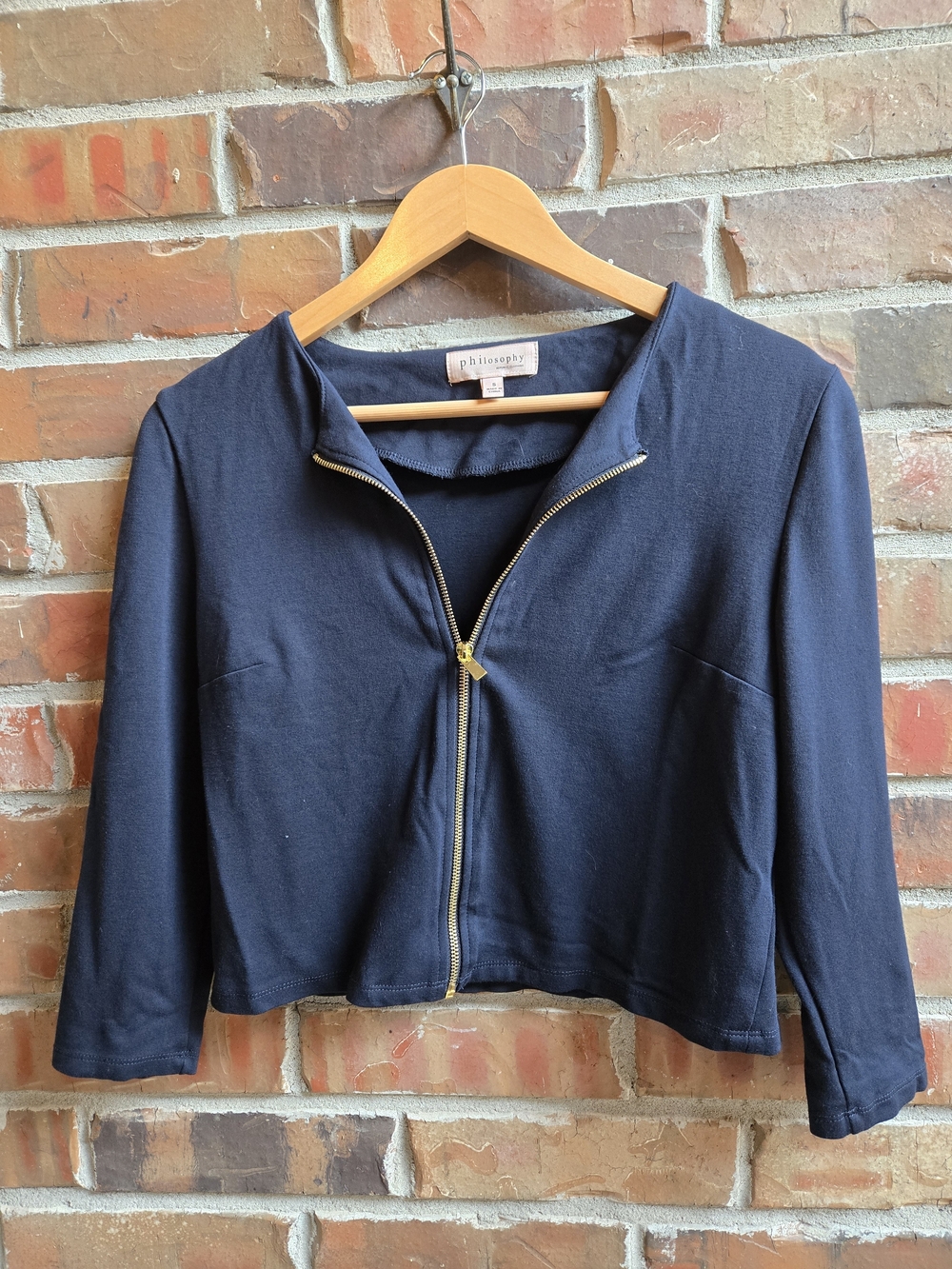 Philosophy navy zip-front cropped Knit Jacket with gold zipper Cozy Layering